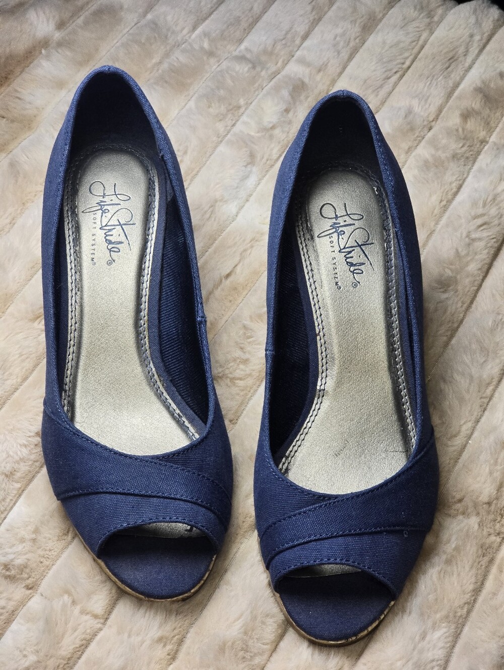 Life Stride Navy Peep-Toe Wedges - Classic Comfort